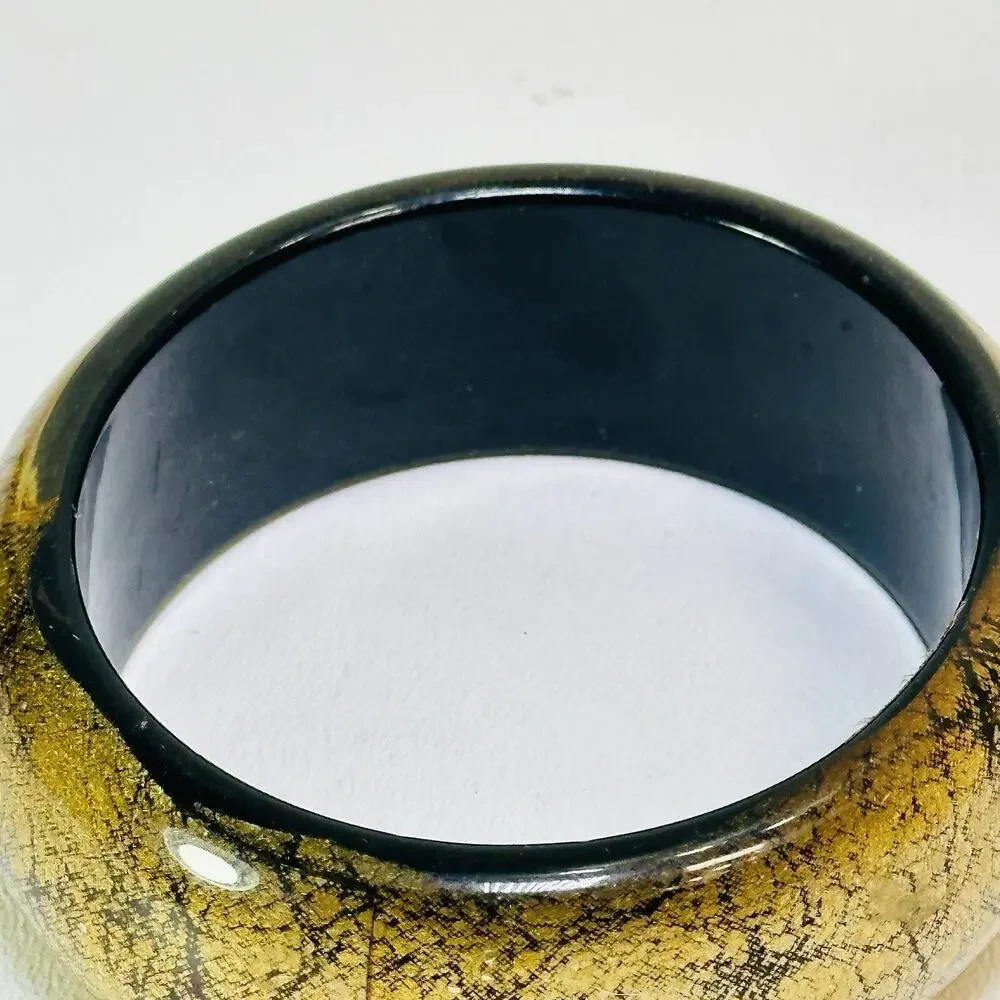 Vintage Lucite Black Gold Foil Bracelet Bangle Black Metallic Shiny Chunky Round